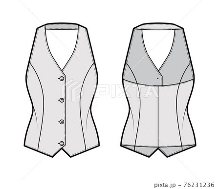 Halter vest pique waistcoat technical fashion illustration with backless, V-neckline, button-up closure, slim fit. Flat  76231236