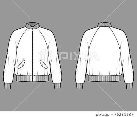 Zip-up Bomber ma-1 flight jacket technical fashion illustration with Rib baseball collar, cuffs, long raglan sleeves 76231237