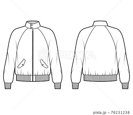 Zip-up Harrington Bomber jacket technical fashion illustration with Rib cuffs, waist, long raglan sleeves, flap pockets Zip-up Harrington Bomber jacket technical fashion illustration with Rib cuffs, waist, long raglan sleeves, flap pockets 76231238
