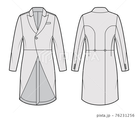 Morning coat jacket technical fashion illustration with long sleeves, peaked lapel collar, cutaway front, welt pocket. Morning coat jacket technical fashion illustration with long sleeves, peaked lapel collar, cutaway front, welt pocket. 76231256