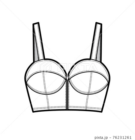 Denim bustier top technical fashion illustration with thin straps, zip-up closure, cups, slim fit, crop length bra 76231261