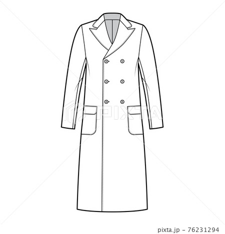 Polo coat technical fashion illustration with double breasted, midi length, round peak collar, flap patch pockets. Flat Polo coat technical fashion illustration with double breasted, midi length, round peak collar, flap patch pockets. Flat 76231294