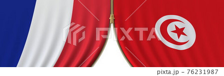 Flags of France and Tunisia and closing or opening zipper between them. Political negotiations or interaction conceptual 3D rendering 76231987