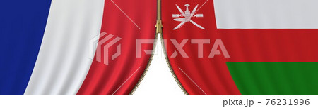 Flags of France and Oman and closing or opening zipper between them. Political negotiations or interaction conceptual 3D rendering 76231996