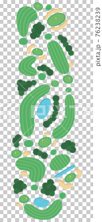 Illustration of a golf course. 9 holes with water hazards. 76238239