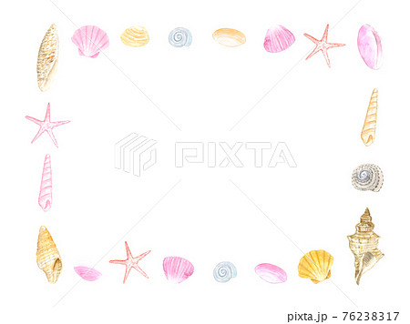 貝殻のフレーム 夏イメージ 水彩イラストのイラスト素材