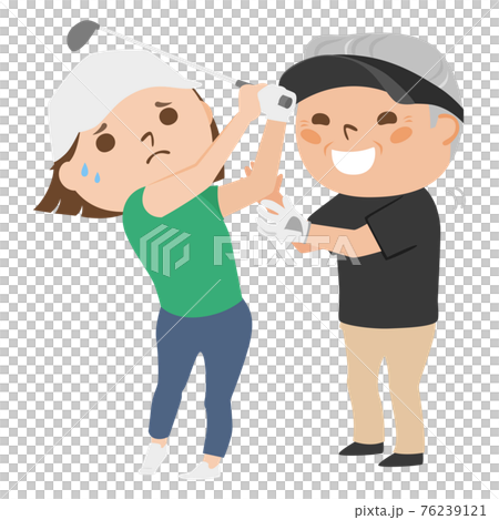 Illustration of golf. An annoying uncle teaching a young woman a swing. Illustration of golf. An annoying uncle teaching a young woman a swing. 76239121