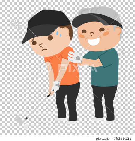 ゴルフのイラスト。若い男性にゴルフを教えてる迷惑なおじさん。 ゴルフのイラスト。若い男性にゴルフを教えてる迷惑なおじさん。 76239122