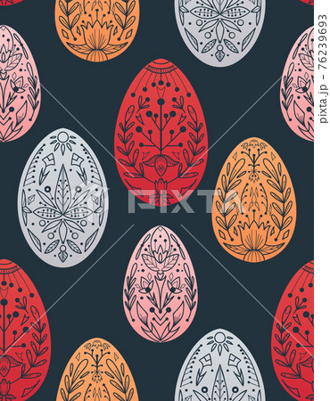 Seamless festive pattern with eggs and folk ornaments on dark background. Wallpaper with Easter treat. Wrapping paper with eggs with natural flower decoration. 76239693
