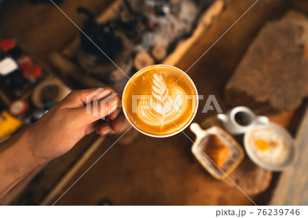 Breakfast, bread, coffee and fried eggs 76239746