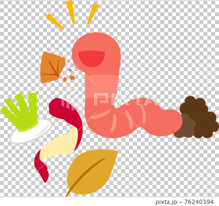 Earthworm character eating kitchen waste and fallen leaves 76240394