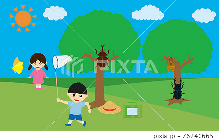 虫取りする子供のイラストのイラスト素材