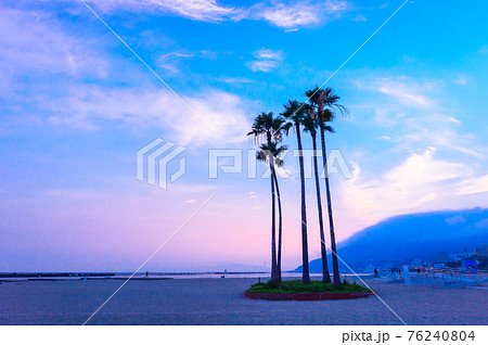 神戸市須磨海水浴場の夕景、願いの椰子の木、7月30日、日本 神戸市須磨海水浴場の夕景、願いの椰子の木、7月30日、日本 76240804