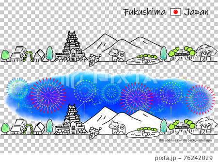 Fukushima cityscape and fireworks simple line drawing set Fukushima cityscape and fireworks simple line drawing set 76242029