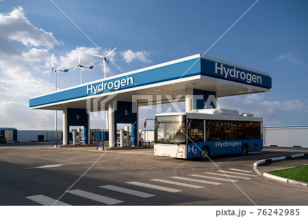 Fuel cell bus at the hydrogen filling station Fuel cell bus at the hydrogen filling station 76242985