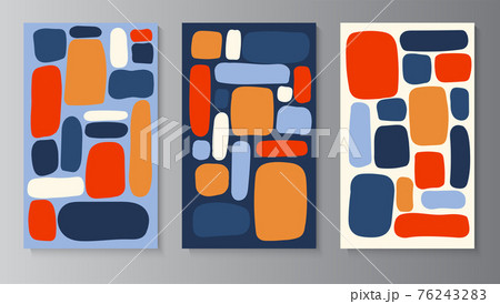 Background template with copy space for text. Abstract organic colored shapes, warm color, flowing lines. Set Posters for your design, advertising, packaging, postcards. Vector 76243283