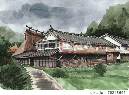 日本の原風景なつかしい茅葺き民家のイラスト素材 日本の原風景なつかしい茅葺き民家のイラスト素材