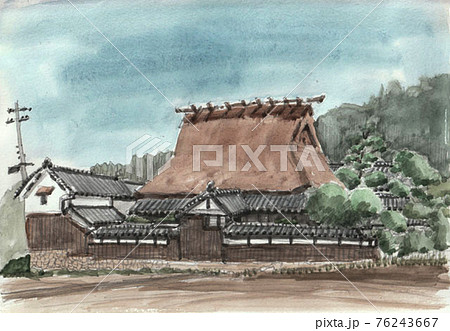 日本の原風景なつかしい茅葺き民家のイラスト素材