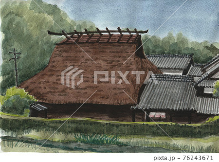 日本の原風景なつかしい茅葺き民家のイラスト素材