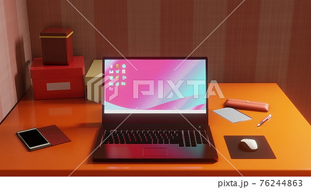 ピンクストライプ壁紙の可愛い部屋 3dcgインテリア ノートパソコン 周辺機器 雑貨のイラスト素材