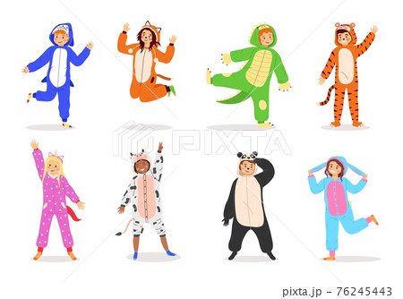 Kids animal dress. Cartoon children wear costumes. Funny carnival clothes with animalistic prints or sleepwear for pajama party. Smiling boys and girls greeting waving hands, vector set 76245443