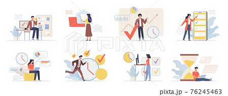 Planning schedule. Organization business process, productive activity, project time management. Office employees scheduling and complete work on deadline. Vector people set make timetable 76245463