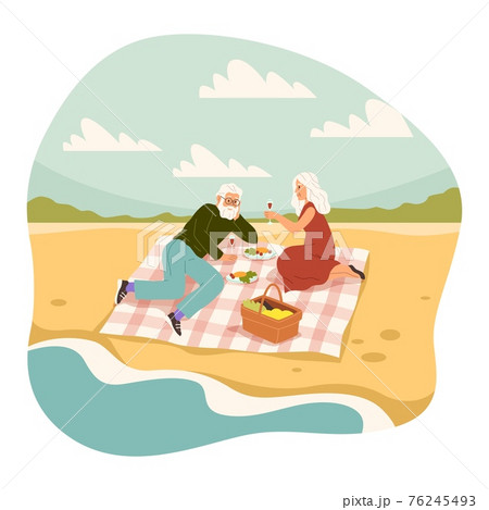 Old people romantic picnic. Elderly man and woman having meal on sea side, couple on beach and drinking wine, characters leisure time, pensioner relationships vector cartoon concept Old people romantic picnic. Elderly man and woman having meal on sea side, couple on beach and drinking wine, characters leisure time, pensioner relationships vector cartoon concept 76245493