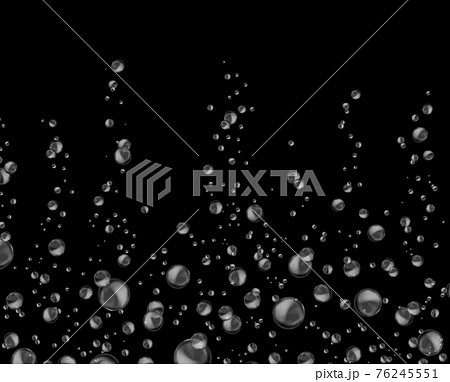 Water bubbles. Realistic raising air circles. Underwater effervescent oxygen template. Fizzing gas in liquid on black background. 3D flying soap foam spheres. Vector champagne or soda 76245551
