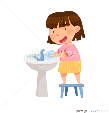 Cute Girl Standing on Stool Near Wash Stand Washing Her Hands with Soap Engaged in Personal Hygiene Vector Illustration Cute Girl Standing on Stool Near Wash Stand Washing Her Hands with Soap Engaged in Personal Hygiene Vector Illustration 76245607