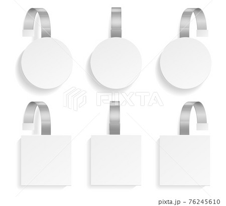 Template wobbler set. Realistic mockup wobblers pointing price, 3d plastic hanging tags different forms and angles views, advertising stickers, discount or sale promotion banner vector set Template wobbler set. Realistic mockup wobblers pointing price, 3d plastic hanging tags different forms and angles views, advertising stickers, discount or sale promotion banner vector set 76245610