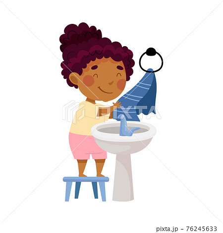 Cute African American Girl Standing on Stool Near Wash Stand Drying Hands on Towel Engaged in Personal Hygiene Vector Illustration 76245633
