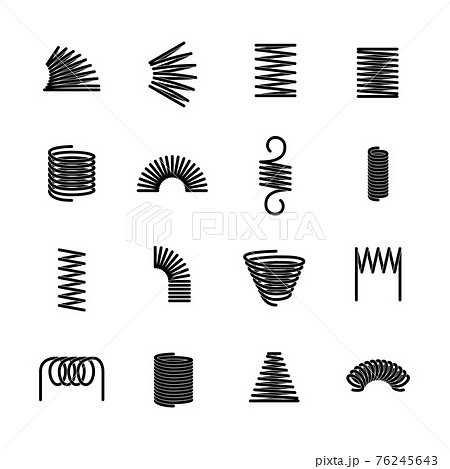 Steel spring. Flexible iron spirals. Parts of machinery equipment. Isolated twisted compressed wires. Minimal silhouettes of industrial or automobile absorbers. Vector metal coils set Steel spring. Flexible iron spirals. Parts of machinery equipment. Isolated twisted compressed wires. Minimal silhouettes of industrial or automobile absorbers. Vector metal coils set 76245643
