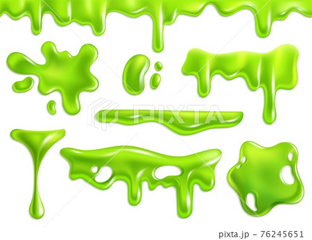 Slime green. Purulent blots slimy, goo splashes and mucus smudges. Bright toxic shiny liquid, spot of poison dribble silhouette. Realistic halloween isolated elements and frames vector 3d set Slime green. Purulent blots slimy, goo splashes and mucus smudges. Bright toxic shiny liquid, spot of poison dribble silhouette. Realistic halloween isolated elements and frames vector 3d set 76245651