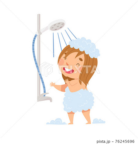 Little Girl Having Shower in Bathroom Washing with Soap Vector Illustration 76245696