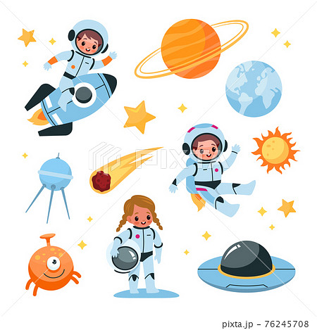 Kids space elements collection. Astronaut children with cosmic items, planets and satellite, boy in space suit riding rocket, girl in zero gravity, alien and ufo. Vector cartoon set 76245708