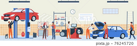 Auto repair service. Car workshop panorama, mechanics team in garage do technical inspection and digital diagnostics automobile, change wheels vector horizontal banner maintenance vehicle concept 76245720