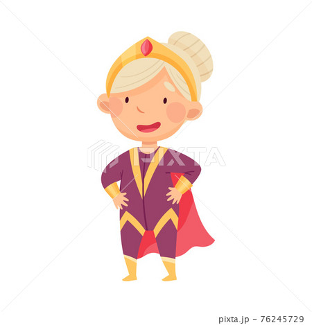 Little Girl Wearing Costume of Superhero Pretending Having Power for Fighting Crime Vector Illustration 76245729
