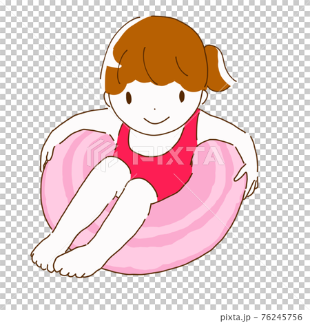 水着を着て浮き輪で遊ぶ女の子の子どもの線画イラストのイラスト素材