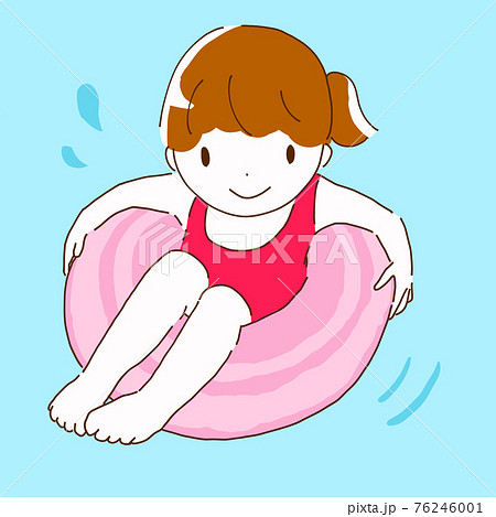 プールで浮き輪を使って遊んでいる幼い女の子の線画イラストのイラスト素材