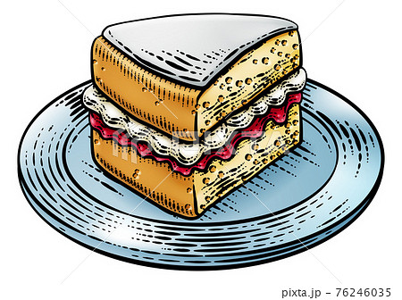 Cake Sponge Slice Jam Cream Woodcut Drawing 76246035