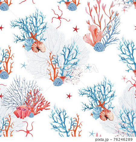 Beautiful vector seamless underwater pattern with watercolor sea life coral shell and starfish. Stock illustration. Beautiful vector seamless underwater pattern with watercolor sea life coral shell and starfish. Stock illustration. 76246289