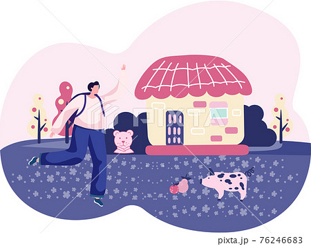 Vacations farm, farmhouse, rural landscape, animal. Girl spends time and rests in village with pig 76246683