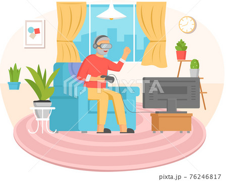 Old people play video game. Senior people with different gadgets. Oldster education on computer 76246817