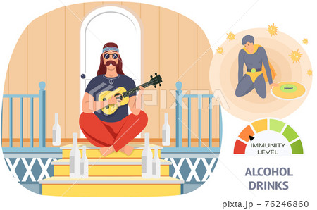 Male bard drinks alcohol alone playing guitar on doorstep. Immunity level decreases due to drinking Male bard drinks alcohol alone playing guitar on doorstep. Immunity level decreases due to drinking 76246860