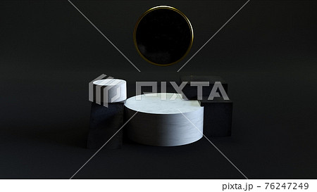 Round geometric podiums with hanging polished disk background. 76247249