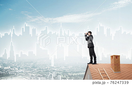 Businessman standing on roof and looking in binoculars. Mixed media Businessman standing on roof and looking in binoculars. Mixed media 76247339