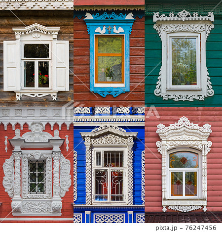 Windows of old russian wooden houses 76247456