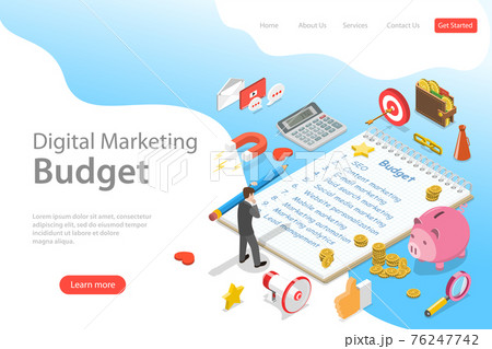 Flat isometric vector landing page template of digital marketing budget, seo. Flat isometric vector landing page template of digital marketing budget, seo. 76247742
