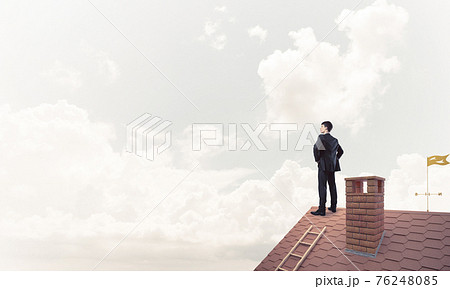 Mister boss on brick roof with arms akimbo. Mixed media Mister boss on brick roof with arms akimbo. Mixed media 76248085
