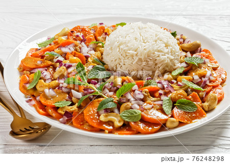 carrot curry with basmati rice, top view carrot curry with basmati rice, top view 76248298